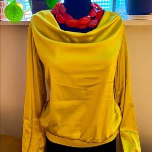 Mustard colored Satin Long-Sleeve Cowl Neck Blouse